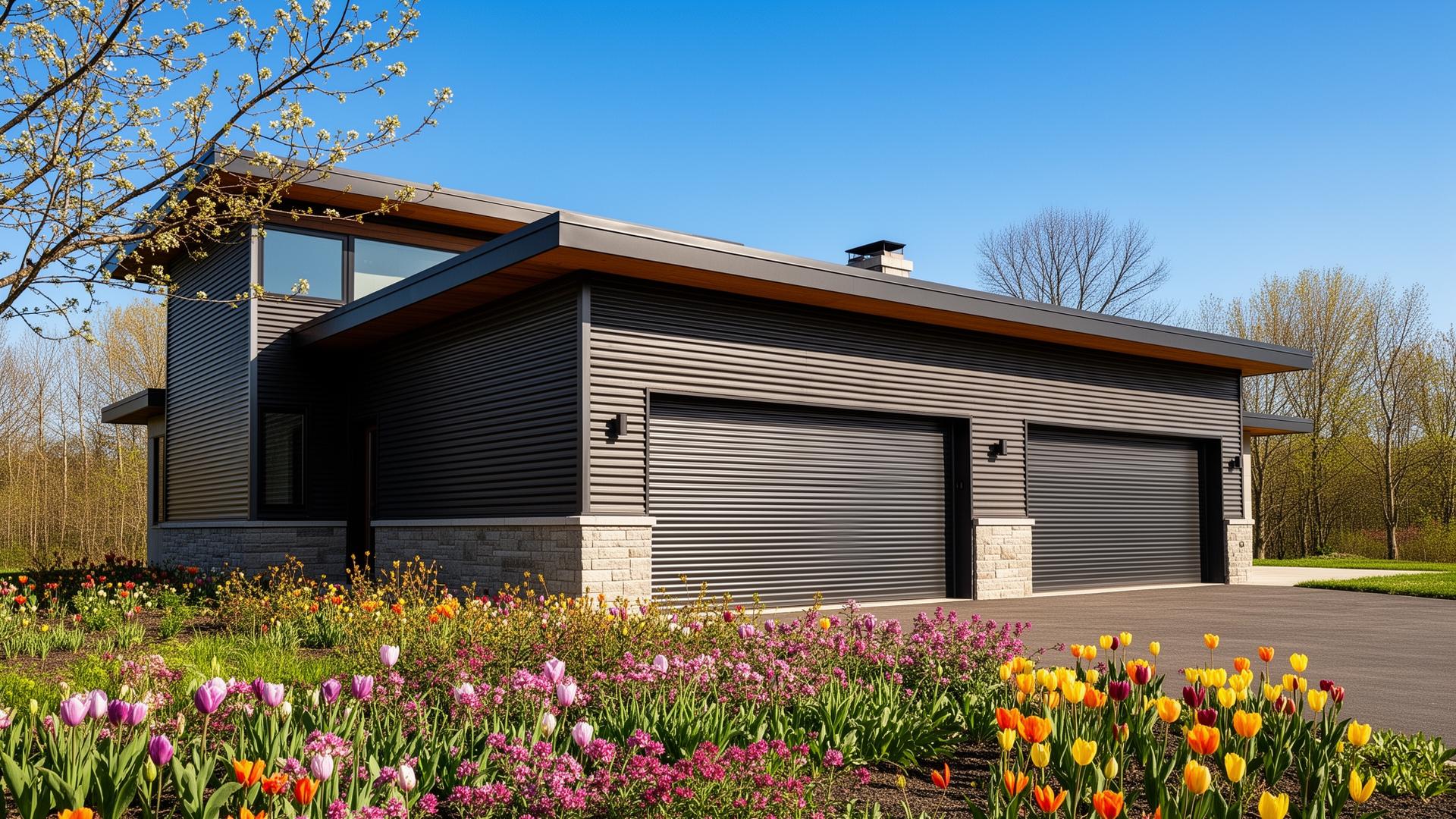 Modern home with premium industrial ribbed steel roll-up garage doors in spring setting